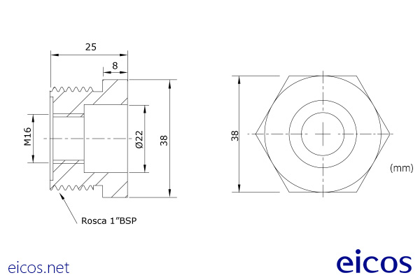 Click to enlarge the image of Dimensions of 1"BSP aluminum connector for mounting of level switches Dimensions of 1"BSP aluminum connector for mounting of level switches