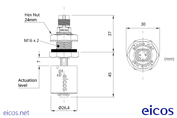 Dimensions of the level switch LC36-M12